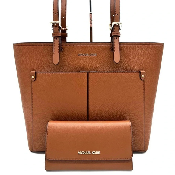 Michael Kors Jet Set Medium Pocket Tote Bag & Large Trifold Wallet Luggage Brown